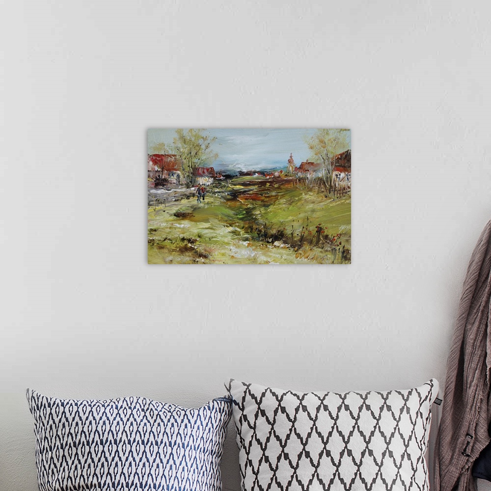 A bohemian room featuring Path and villages with church, originally a oil painting, artistic background.