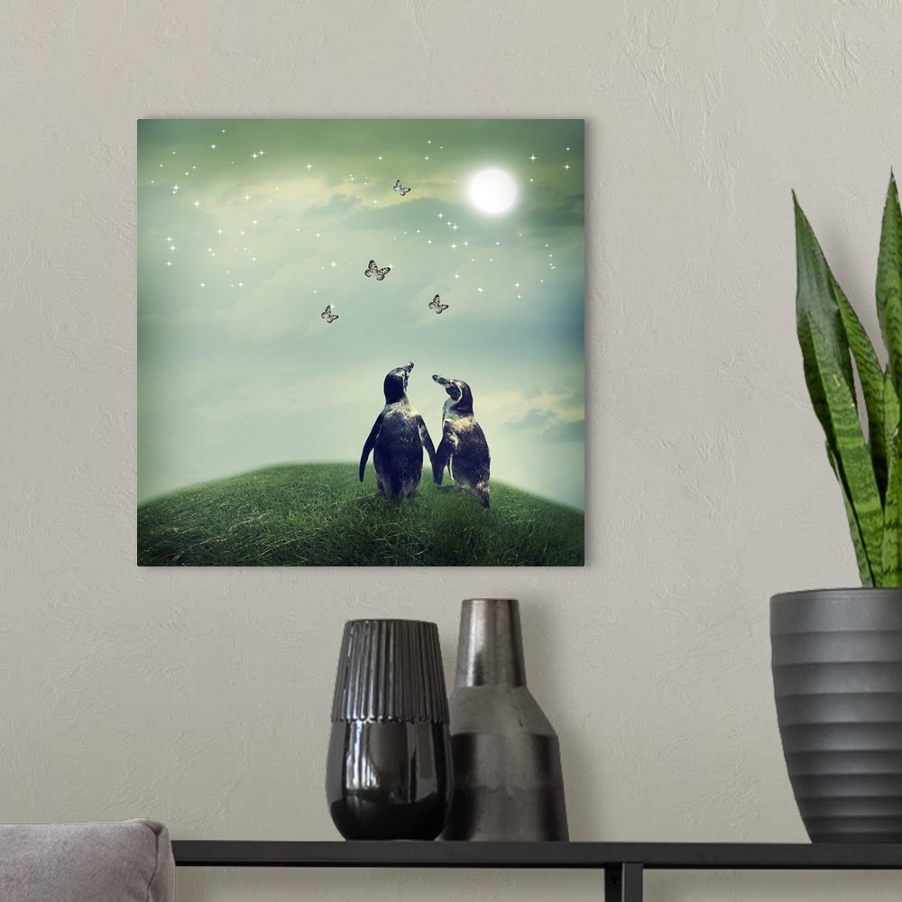 A modern room featuring Two penguin friendship or love theme image at a fantasy landscape.