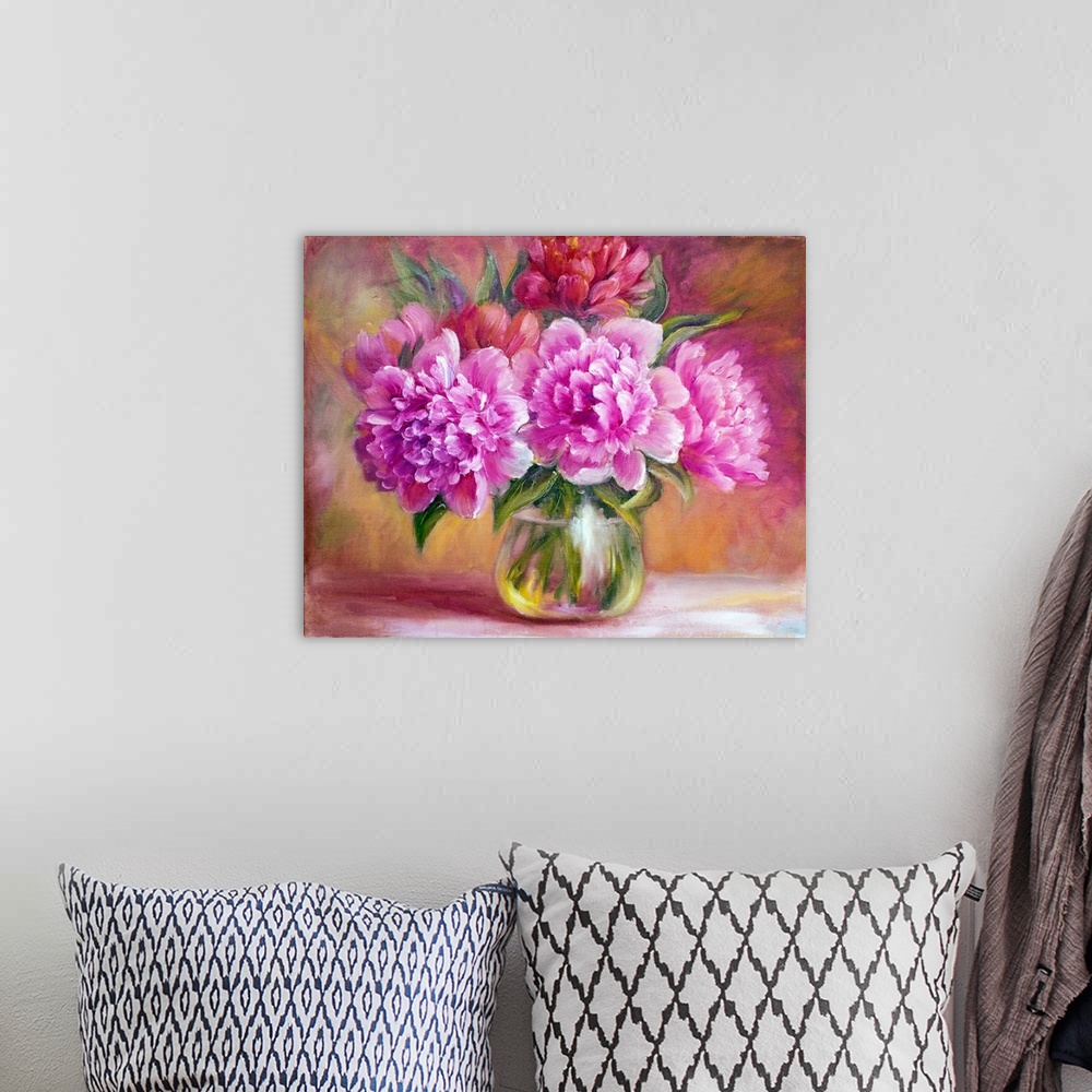 A bohemian room featuring Peonies in vase, originally an oil painting on canvas.