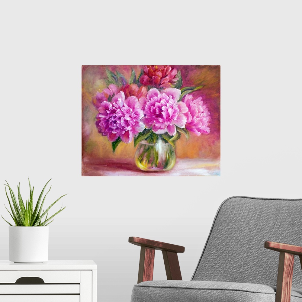 A modern room featuring Peonies in vase, originally an oil painting on canvas.