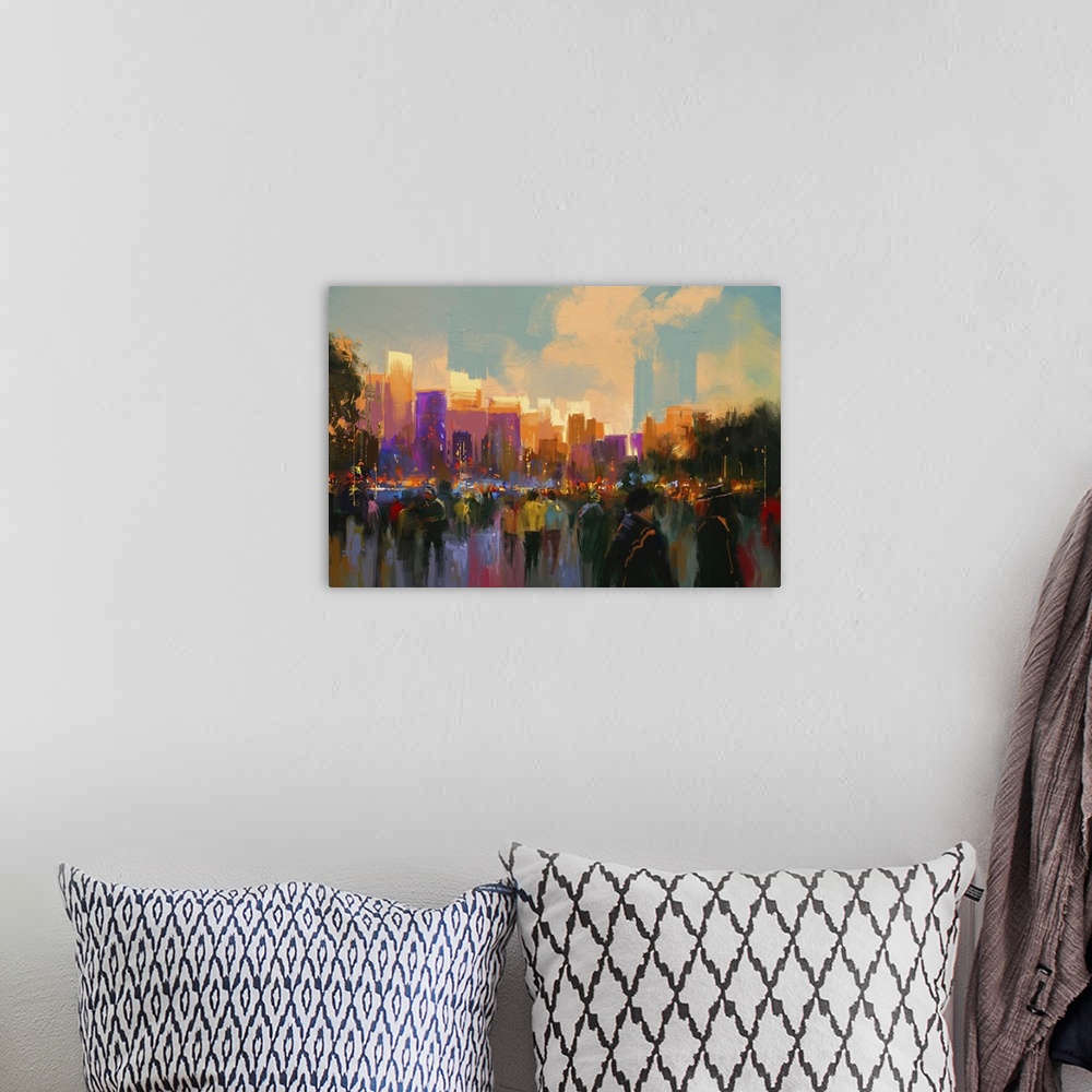 A bohemian room featuring People In A City Park At Sunset