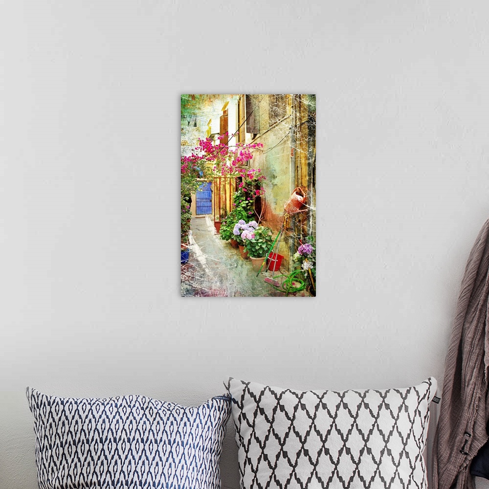 A bohemian room featuring Pictorial courtyards of Greece - artwork in retro painting style.