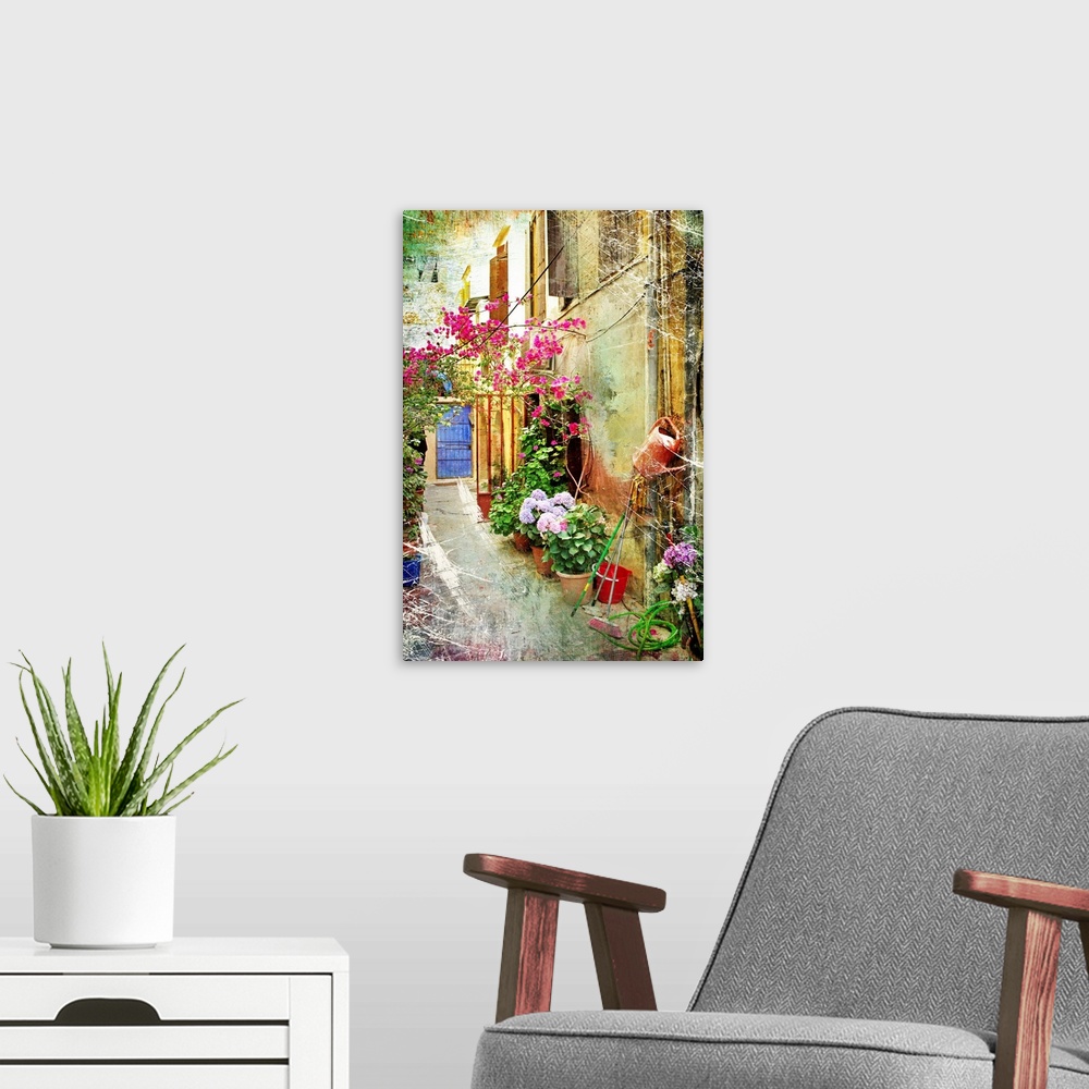 A modern room featuring Pictorial courtyards of Greece - artwork in retro painting style.