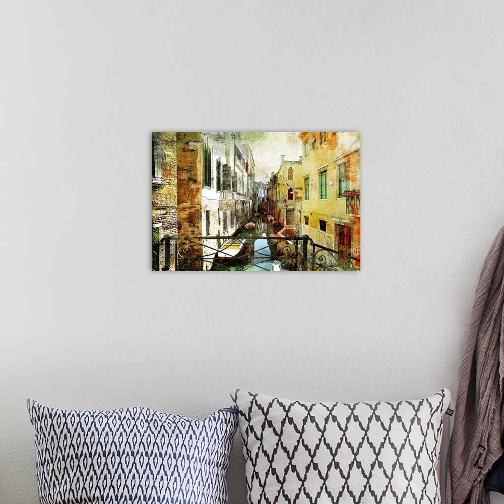 A bohemian room featuring Pictorial Venetian streets - artwork in painting style.