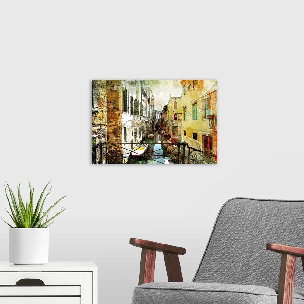 A modern room featuring Pictorial Venetian streets - artwork in painting style.