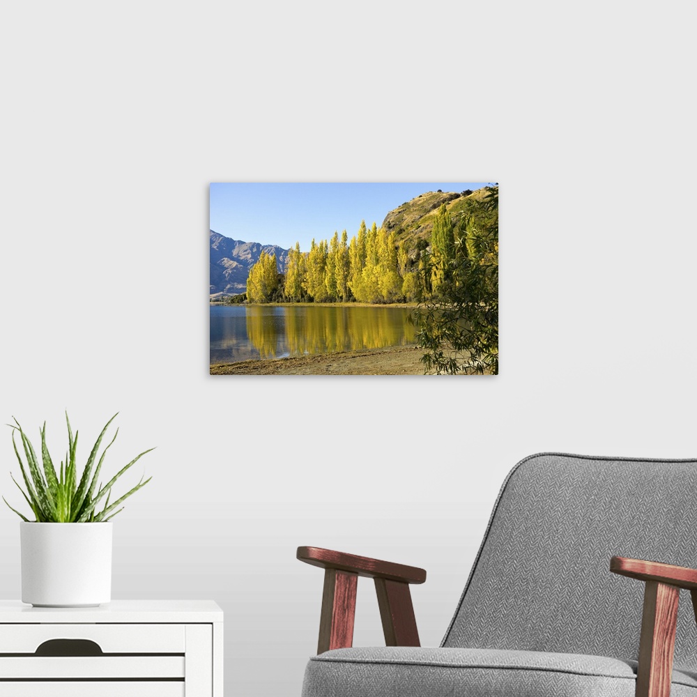A modern room featuring Picturesque landscape of New Zealand alps and lake.