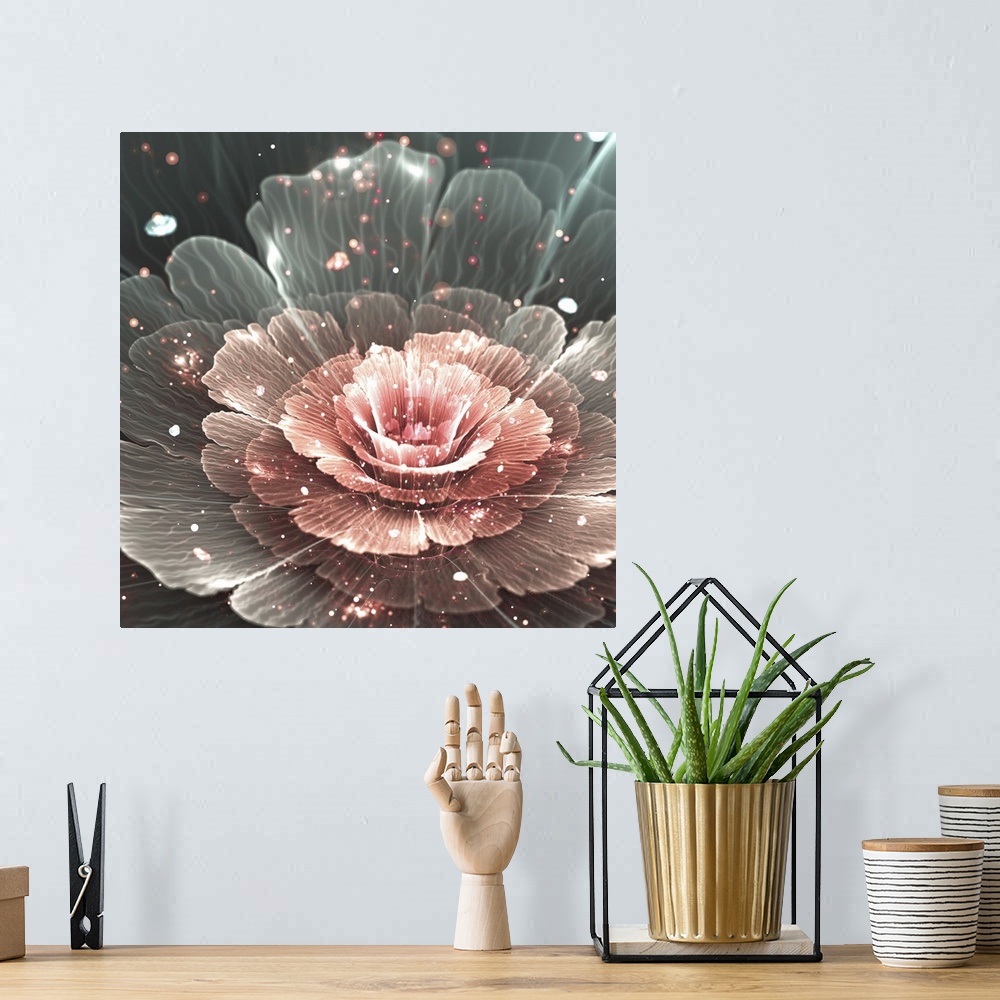 A bohemian room featuring Pink and gray abstract flower with pink sparkles. Originally an illustration.