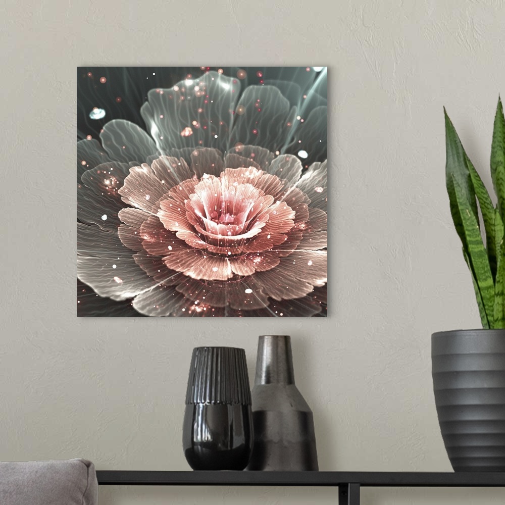 A modern room featuring Pink and gray abstract flower with pink sparkles. Originally an illustration.