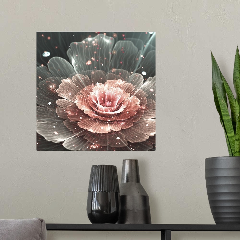 A modern room featuring Pink and gray abstract flower with pink sparkles. Originally an illustration.