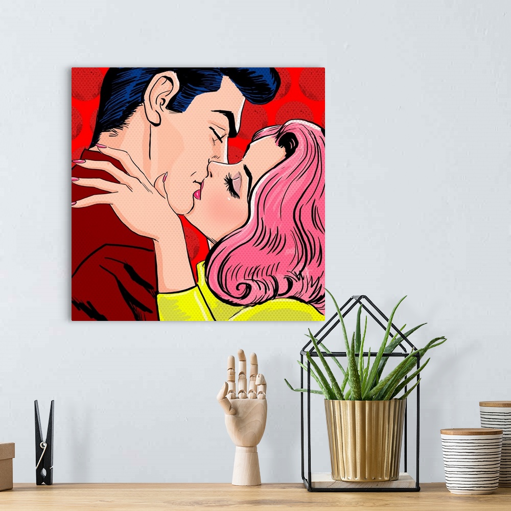 A bohemian room featuring Pop art illustration of kissing couple.