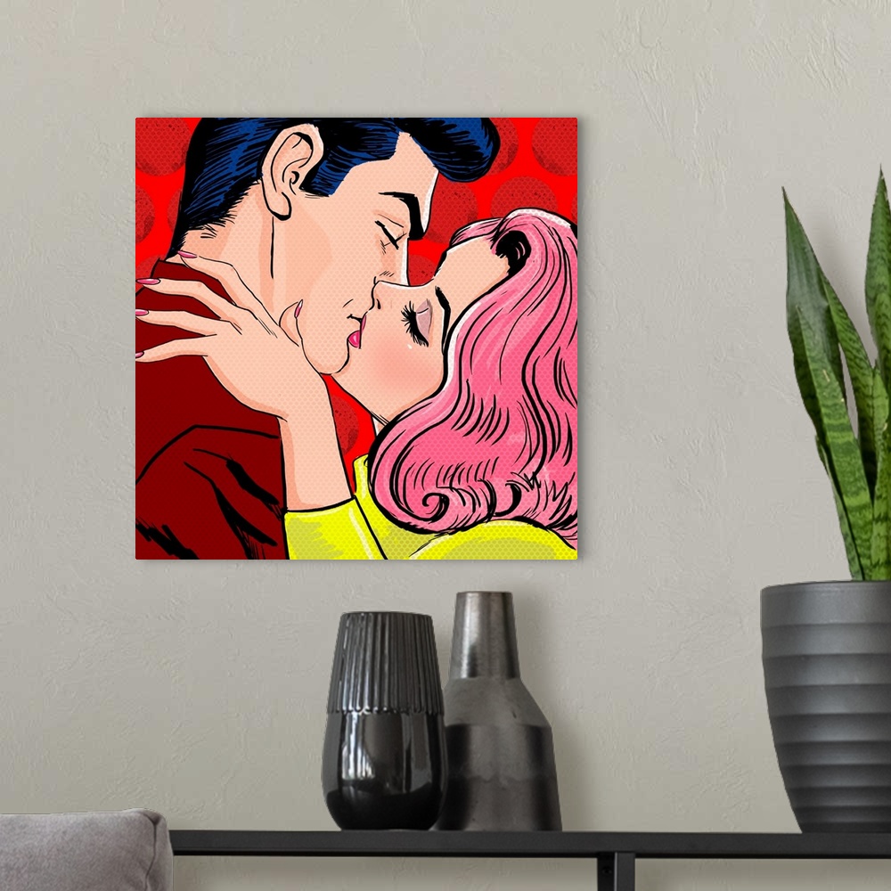 A modern room featuring Pop art illustration of kissing couple.