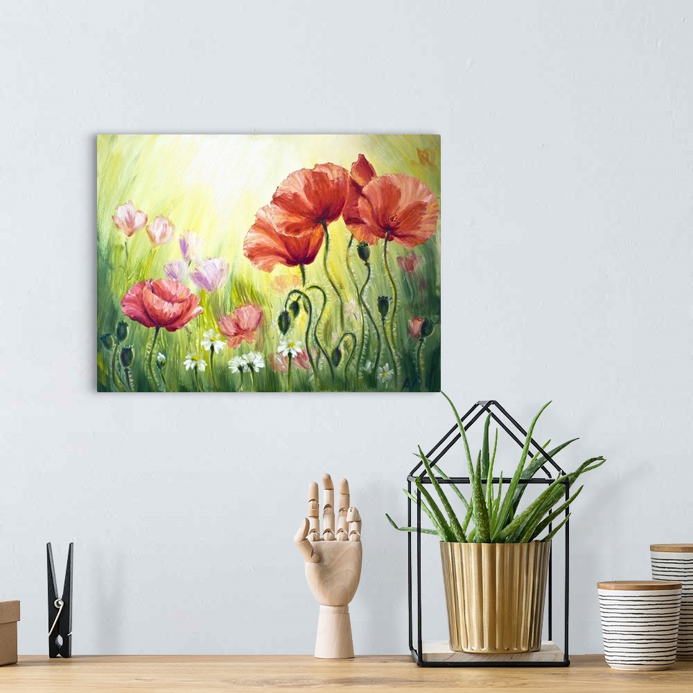 A bohemian room featuring Poppies in the morning, originally an oil painting on canvas.