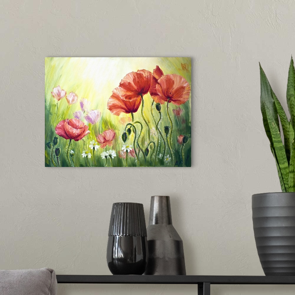 A modern room featuring Poppies in the morning, originally an oil painting on canvas.