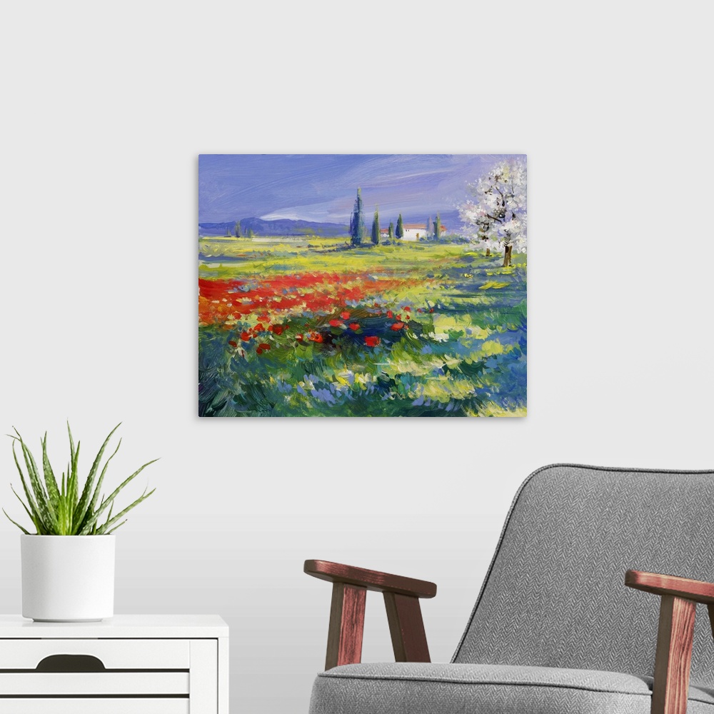 A modern room featuring Red poppies on a summer meadow - originally oil paints on acrylics.
