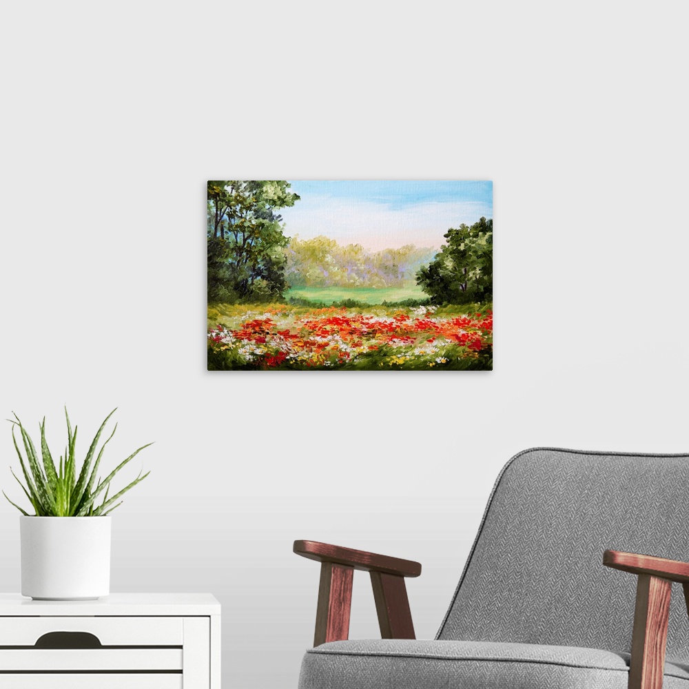 A modern room featuring Originally an oil painting of a poppy field.