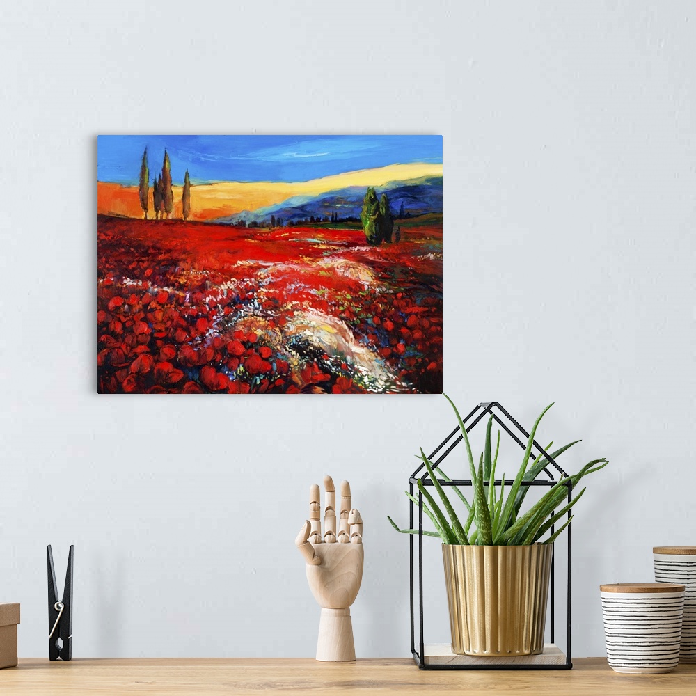 A bohemian room featuring Originally an oil painting of opium poppy (Papaver Somniferum) field in front of beautiful sunset...