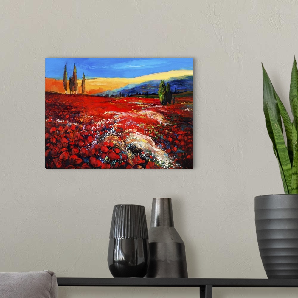 A modern room featuring Originally an oil painting of opium poppy (Papaver Somniferum) field in front of beautiful sunset...