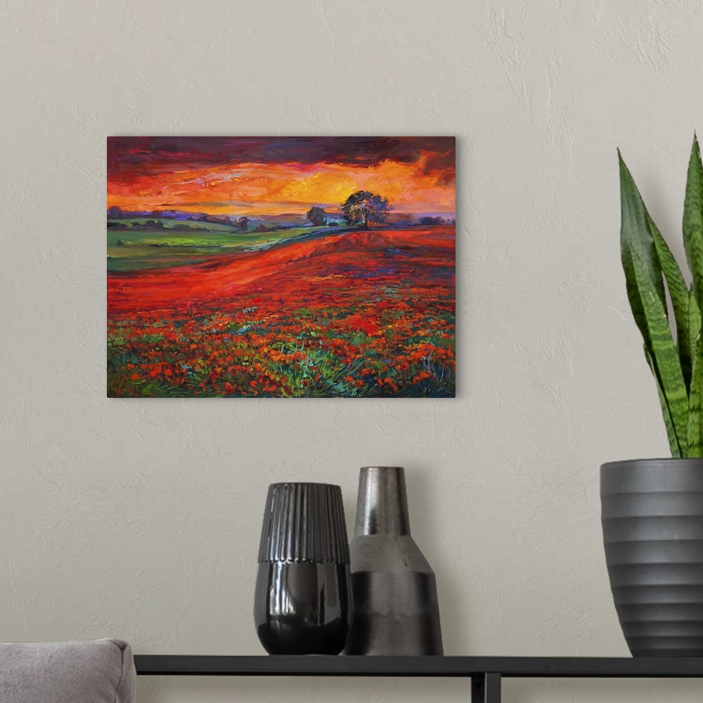 A modern room featuring Originally an oil painting of opium poppy (Papaver Somniferum) field in front of beautiful sunset...
