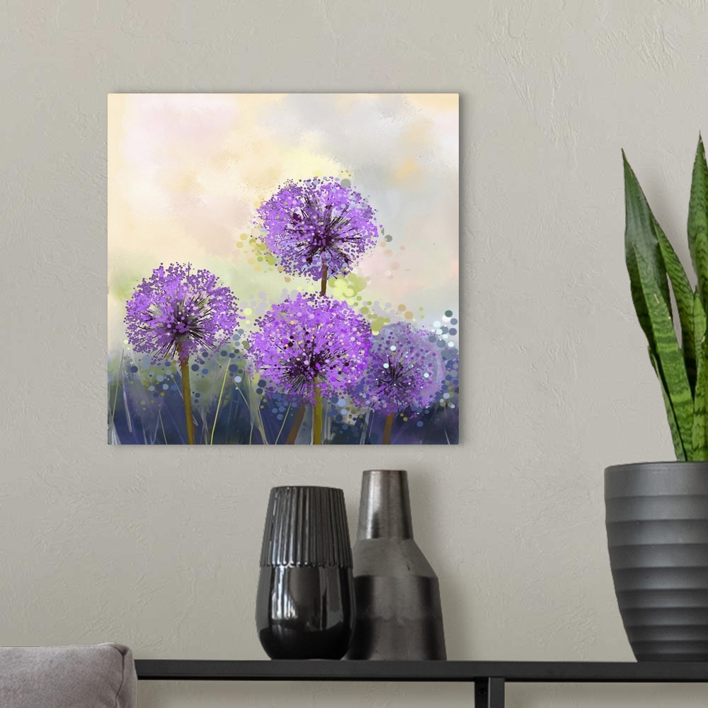 A modern room featuring Originally an oil painting. Purple onion flower. Abstract flower painting in soft colorful, sprin...