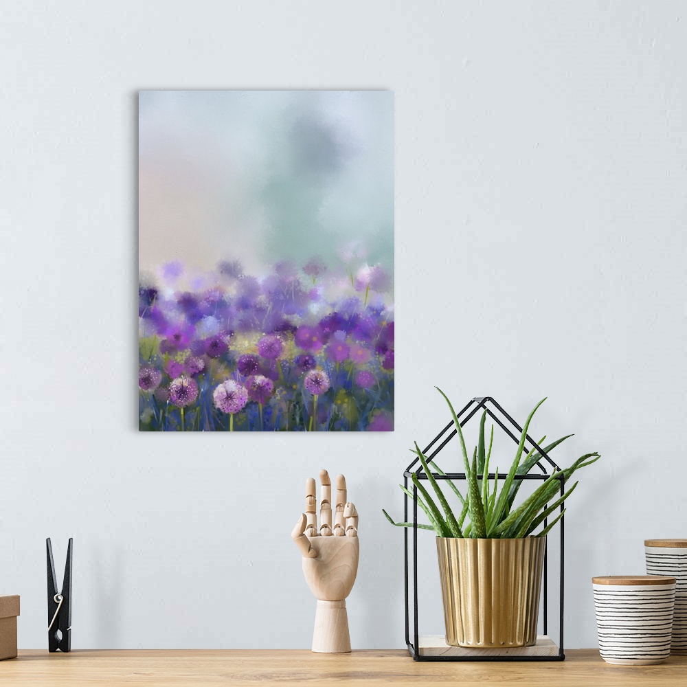 A bohemian room featuring Originally an oil painting, purple onion flower. Originally an abstract flower painting on a soft...