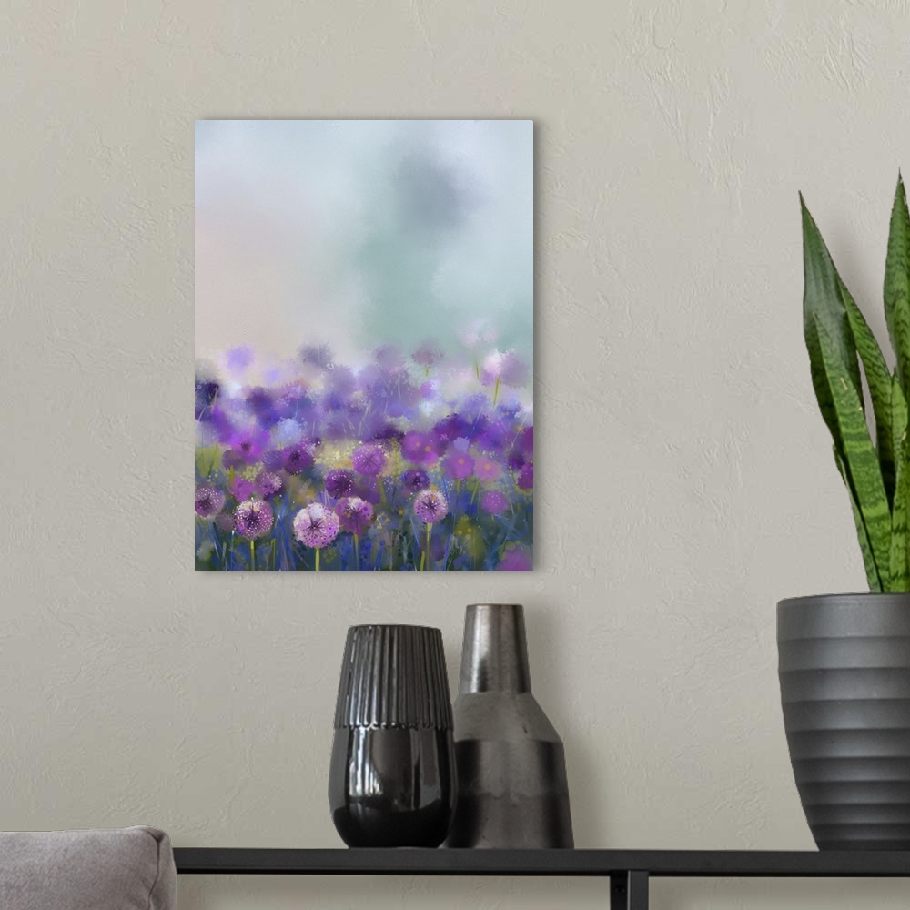 A modern room featuring Originally an oil painting, purple onion flower. Originally an abstract flower painting on a soft...