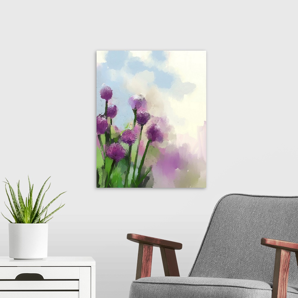 A modern room featuring Purple onion flowers, originally an oil painting.
