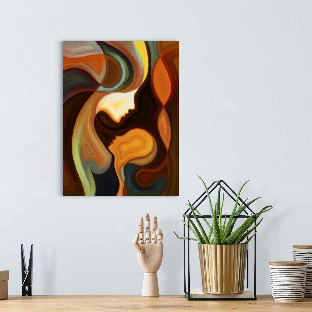 A bohemian room featuring Parent connection series. Abstract design made of graceful profile lines of mother and child on t...