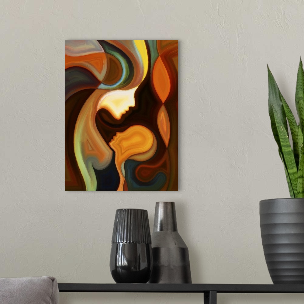 A modern room featuring Parent connection series. Abstract design made of graceful profile lines of mother and child on t...