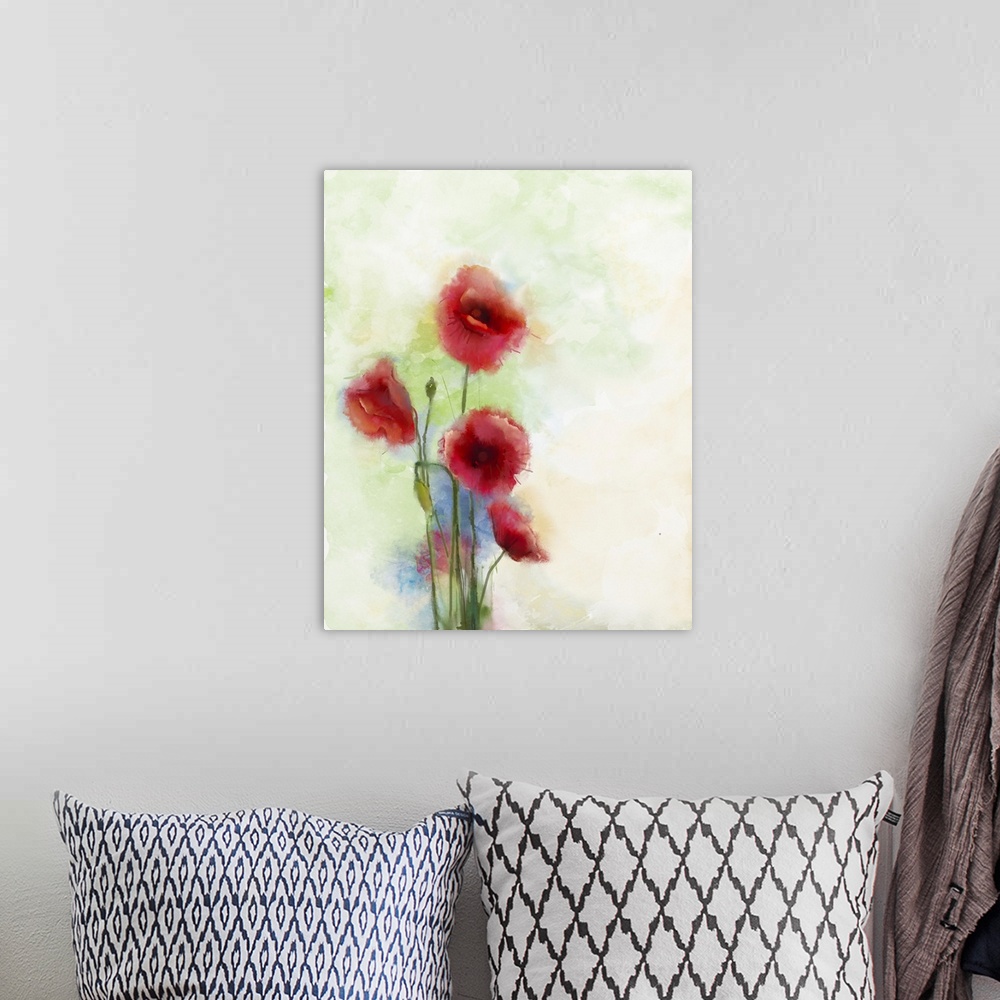 A bohemian room featuring Red poppy, originally watercolor painting.