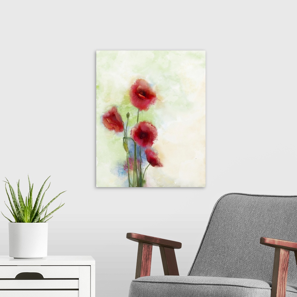 A modern room featuring Red poppy, originally watercolor painting.