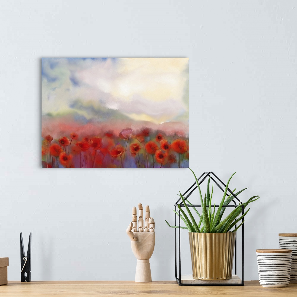 A bohemian room featuring Red poppy field, originally a watercolor painting.