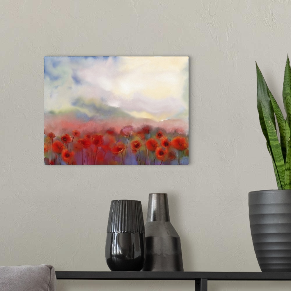 A modern room featuring Red poppy field, originally a watercolor painting.
