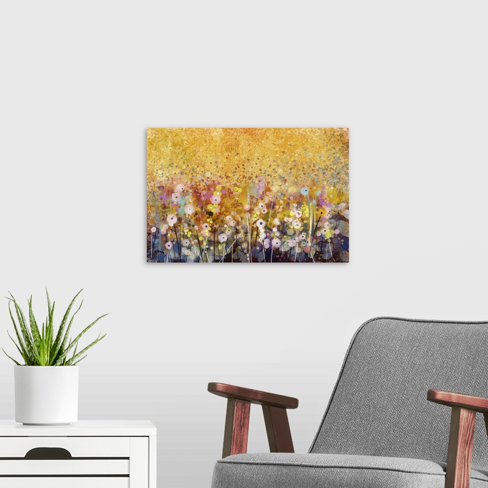 A modern room featuring Originally a watercolor red poppy flowers painting. Flower paint in soft color and blur style, so...