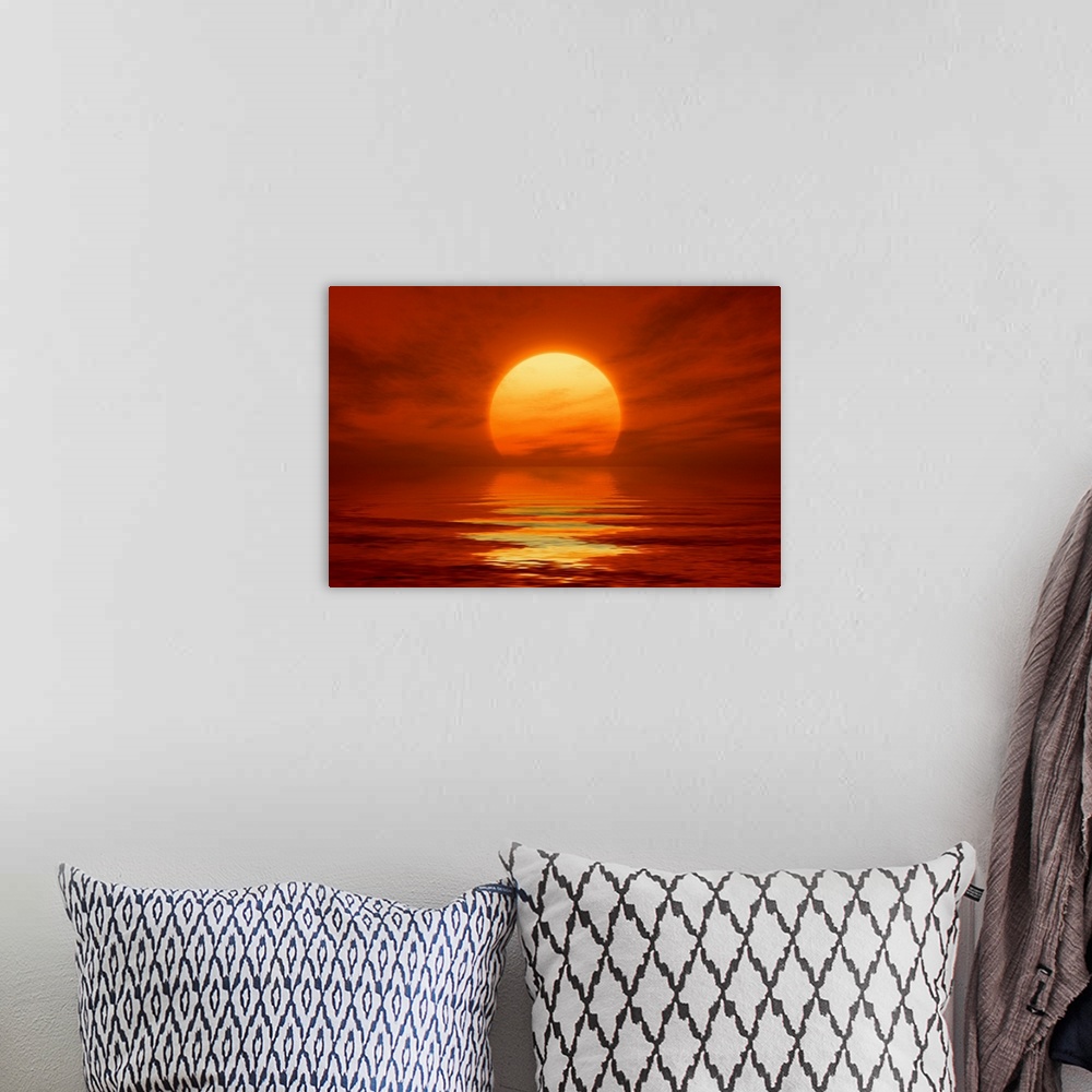 A bohemian room featuring An image of a nice red sunset with a big yellow sun.