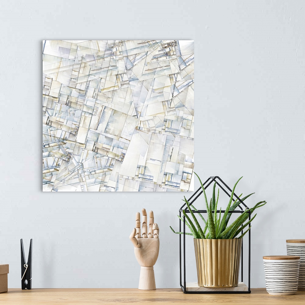 A bohemian room featuring Abstract art reminiscent of city blocks.