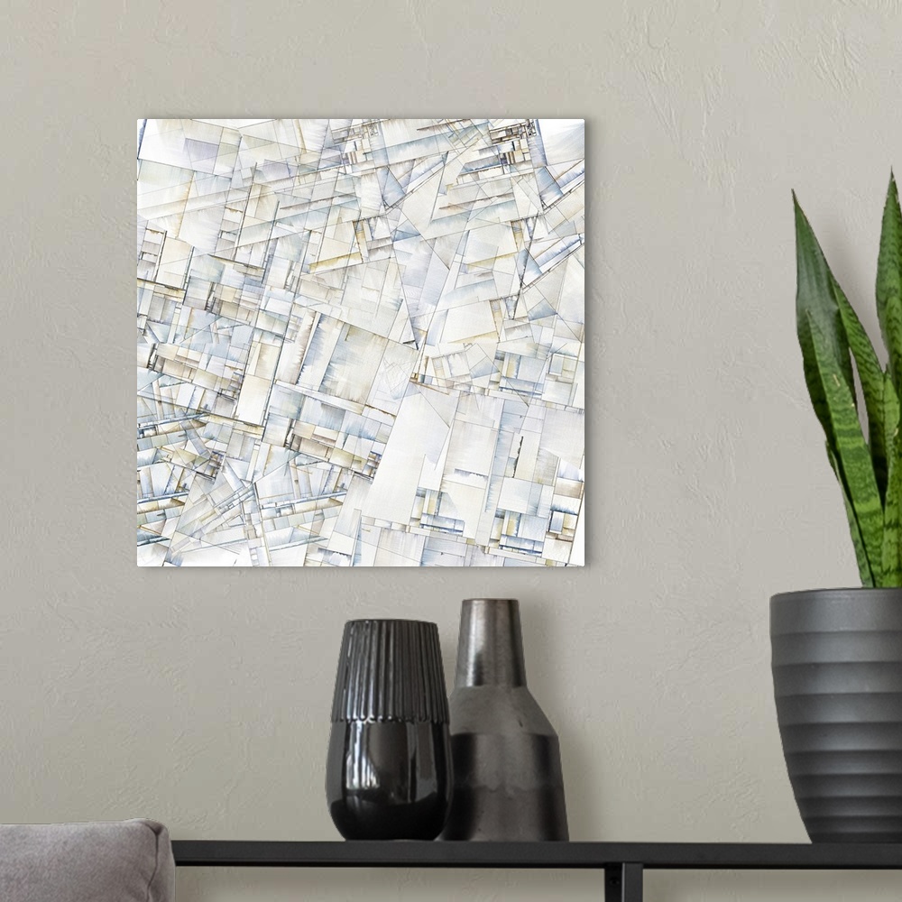 A modern room featuring Abstract art reminiscent of city blocks.