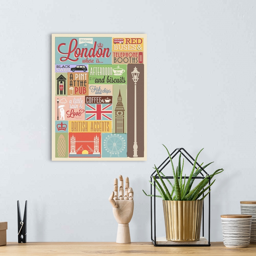 A bohemian room featuring Retro style poster with London symbols and landmarks.