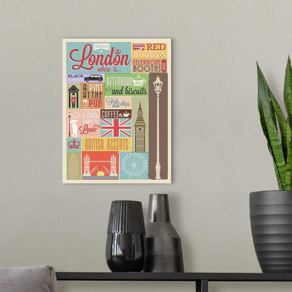 A modern room featuring Retro style poster with London symbols and landmarks.