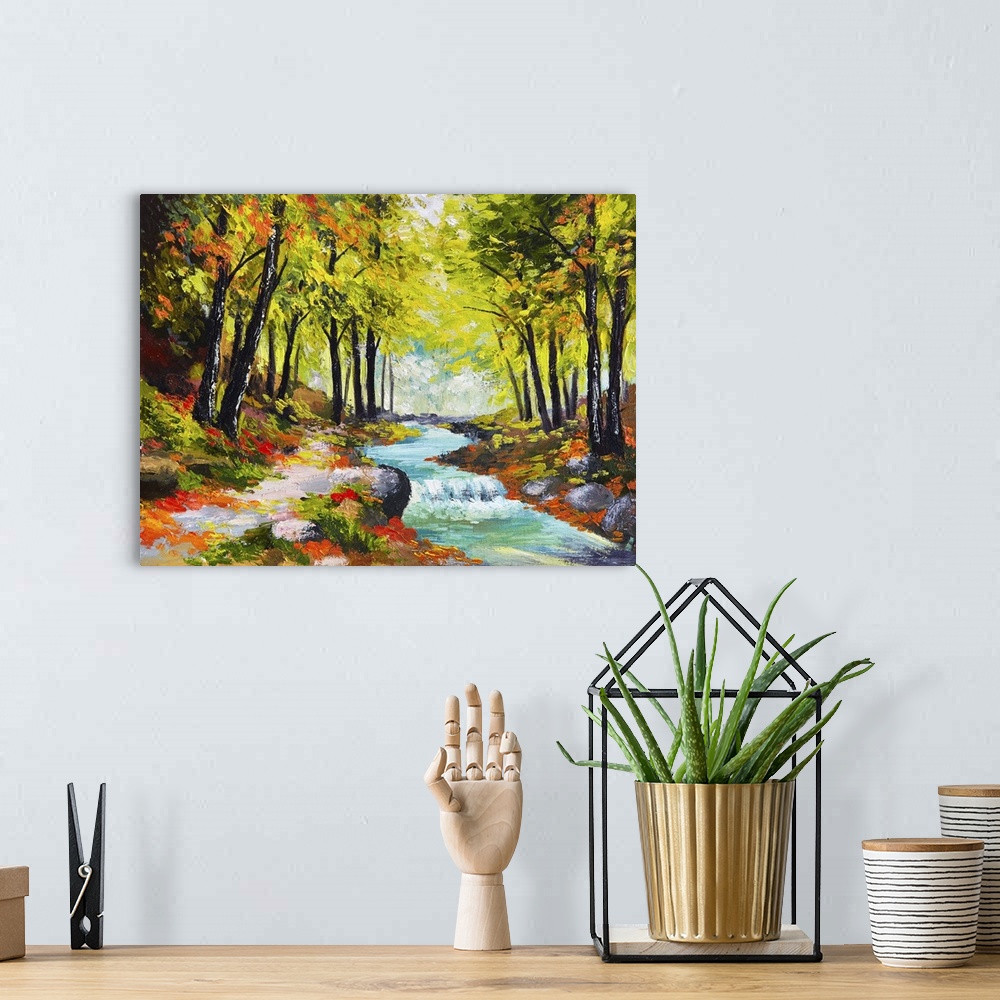 A bohemian room featuring Originally an oil painting of a river in autumn forest.