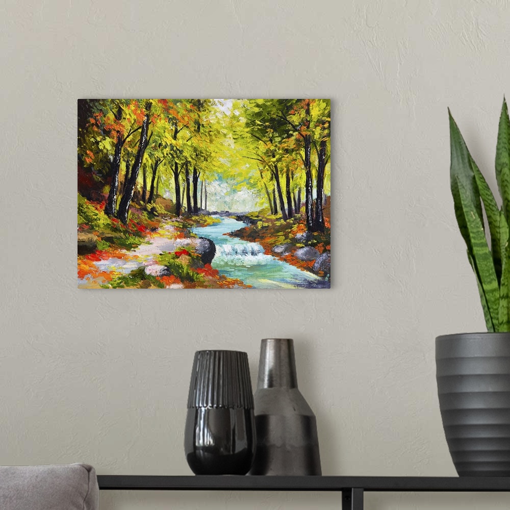 A modern room featuring Originally an oil painting of a river in autumn forest.