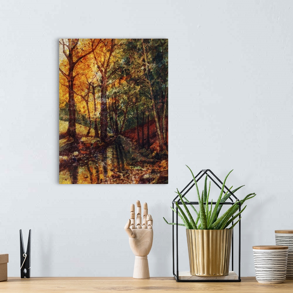 A bohemian room featuring Originally a landscape oil painting with river in autumn forest. Vintage structure background.