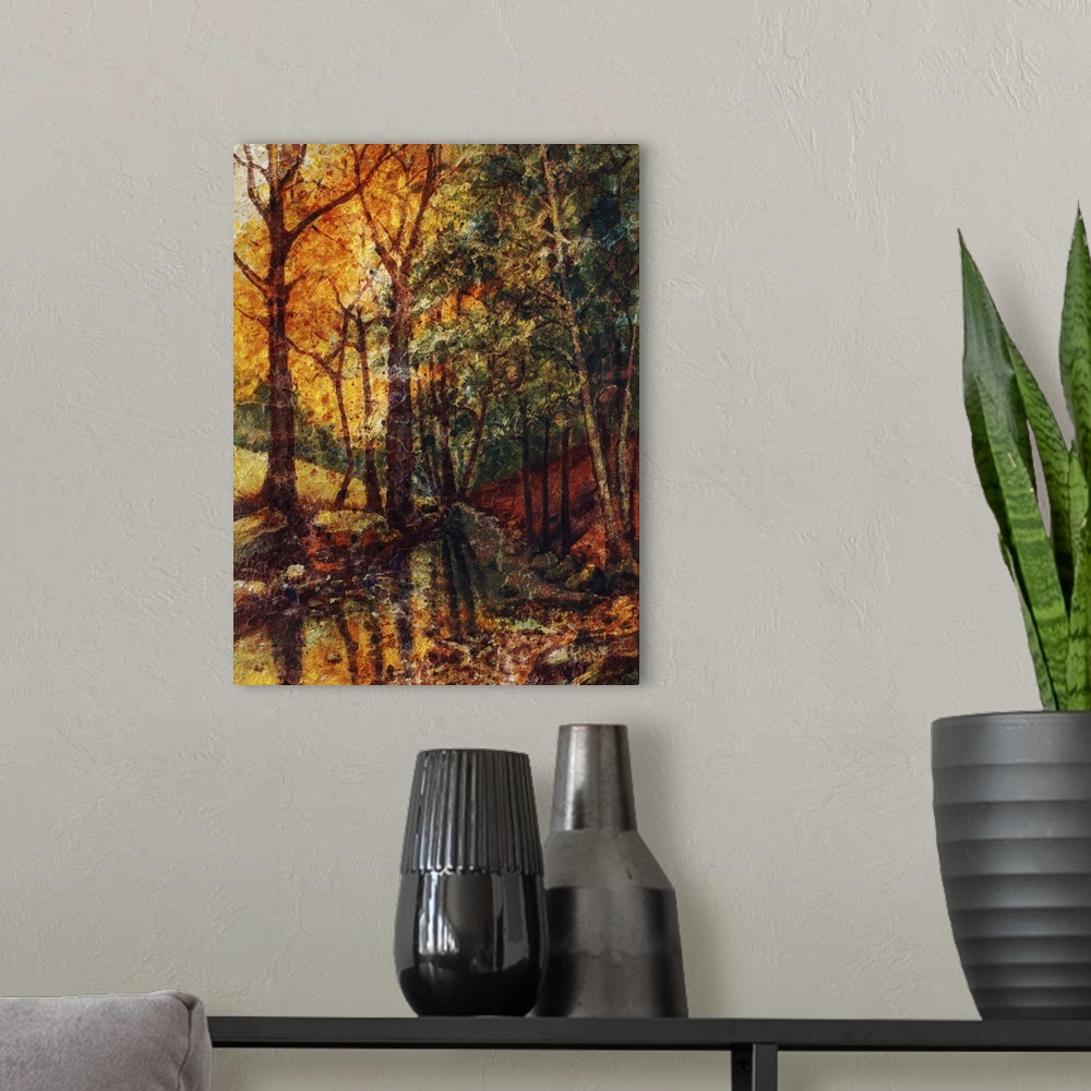A modern room featuring Originally a landscape oil painting with river in autumn forest. Vintage structure background.