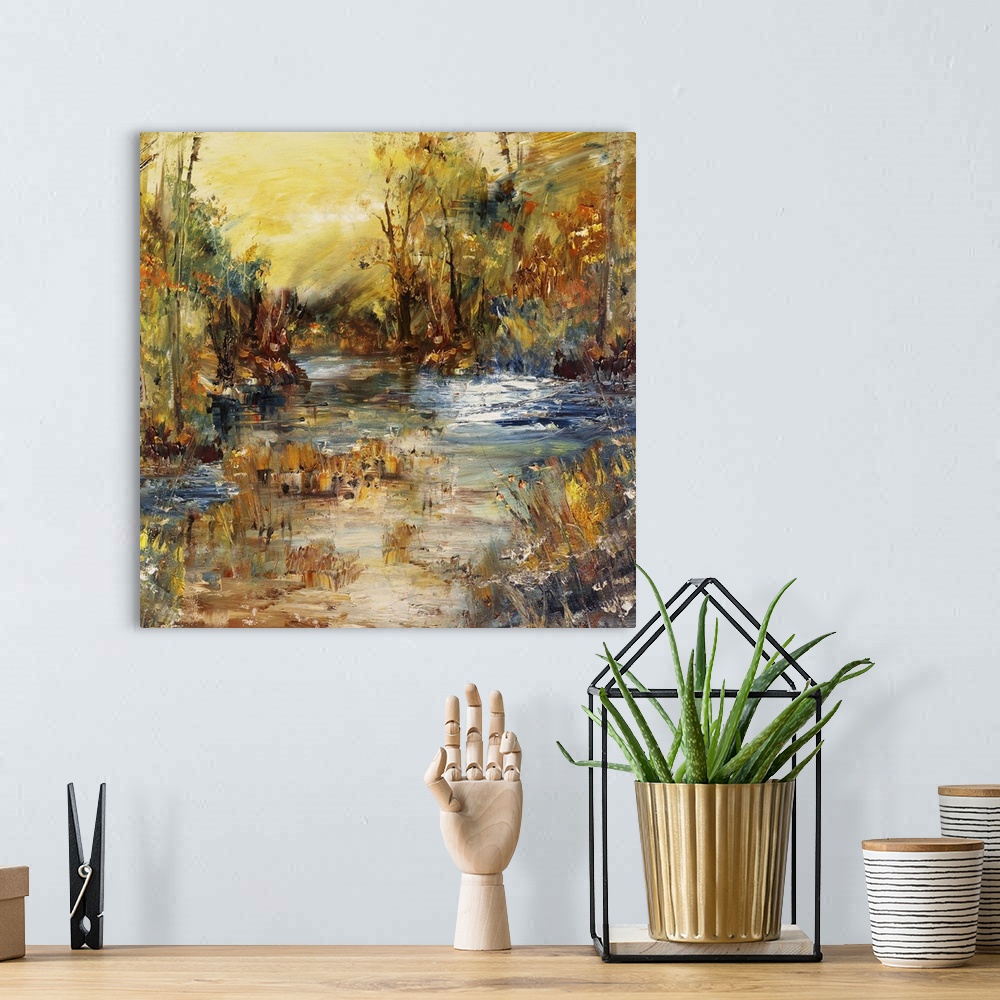 A bohemian room featuring River in the forest, originally an oil painting abstract background.