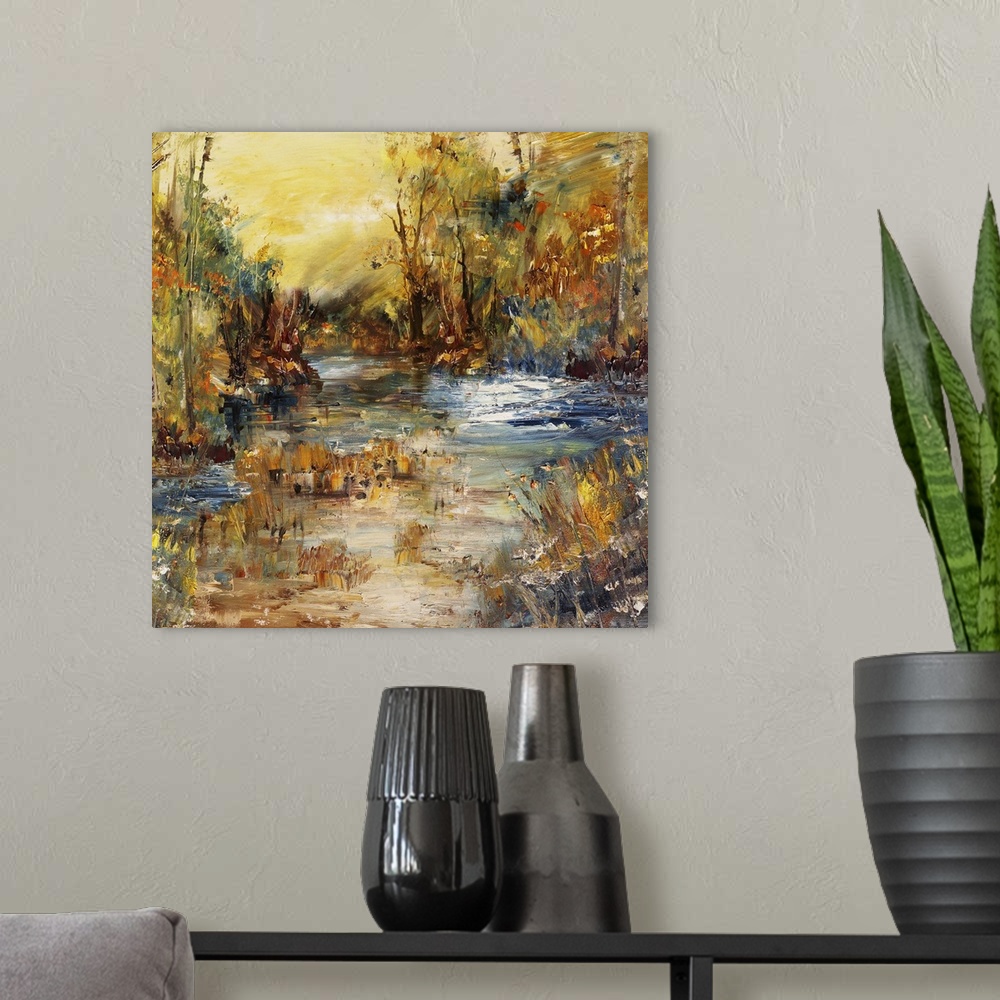 A modern room featuring River in the forest, originally an oil painting abstract background.
