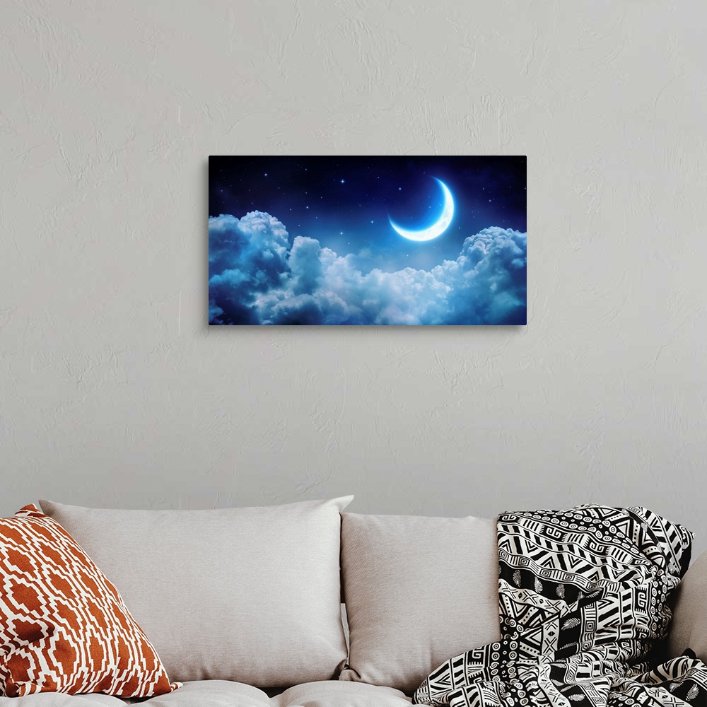 A bohemian room featuring Romantic moon in starry night over clouds.