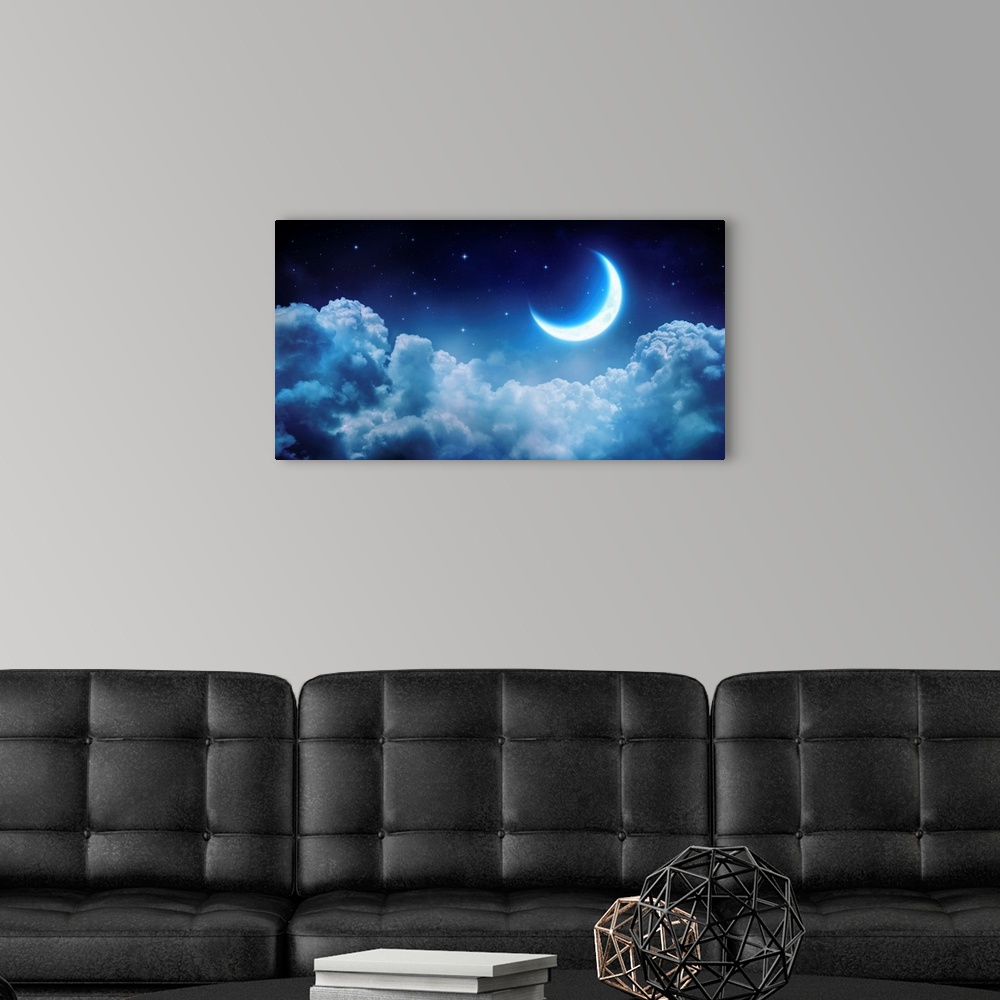 A modern room featuring Romantic moon in starry night over clouds.