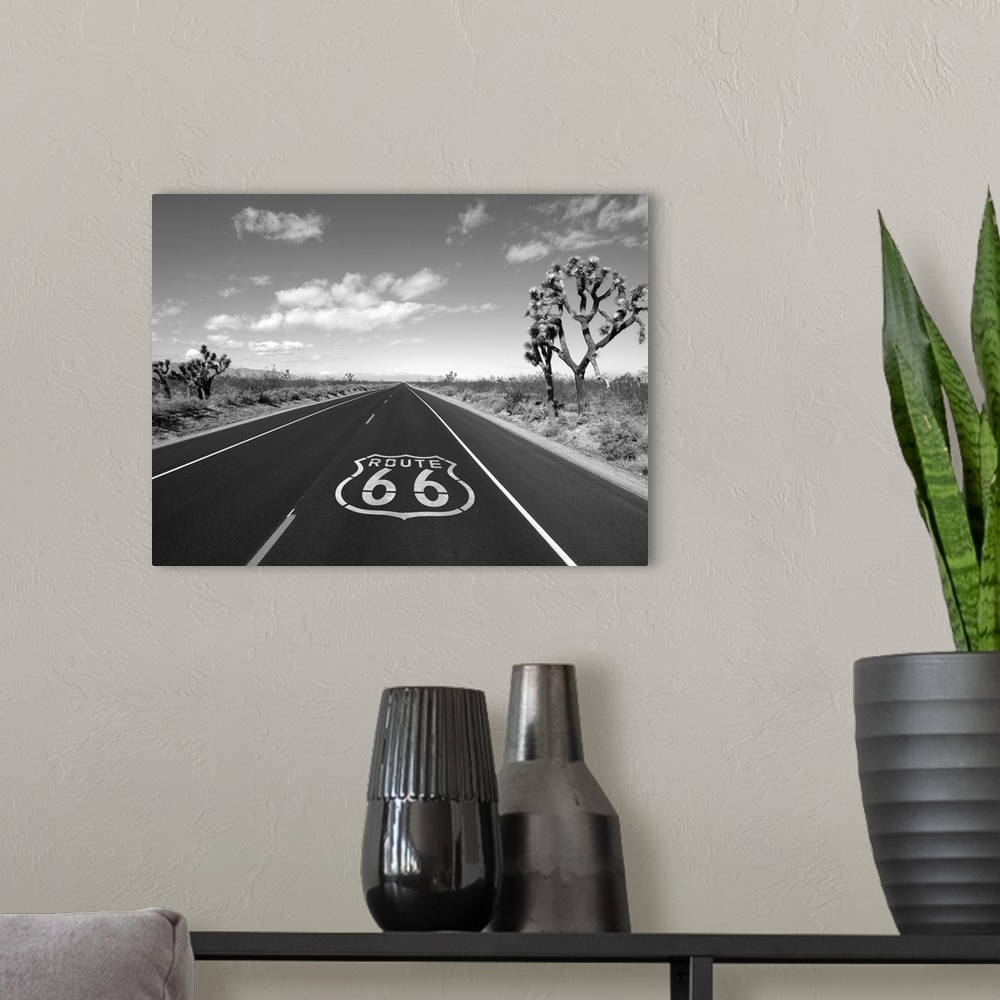 A modern room featuring Route 66 crossing the Mojave desert.