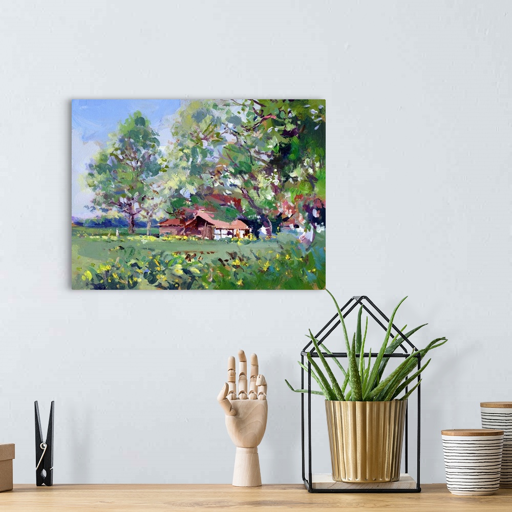 A bohemian room featuring Rural scene landscape painting. Originally acrylic on board.