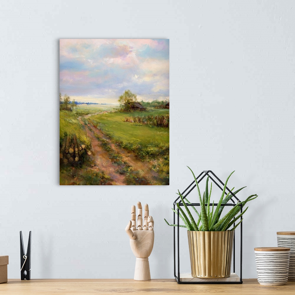 A bohemian room featuring Rural landscape, originally a painting of oil paints impasto on canvas.