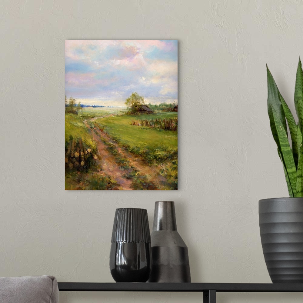 A modern room featuring Rural landscape, originally a painting of oil paints impasto on canvas.